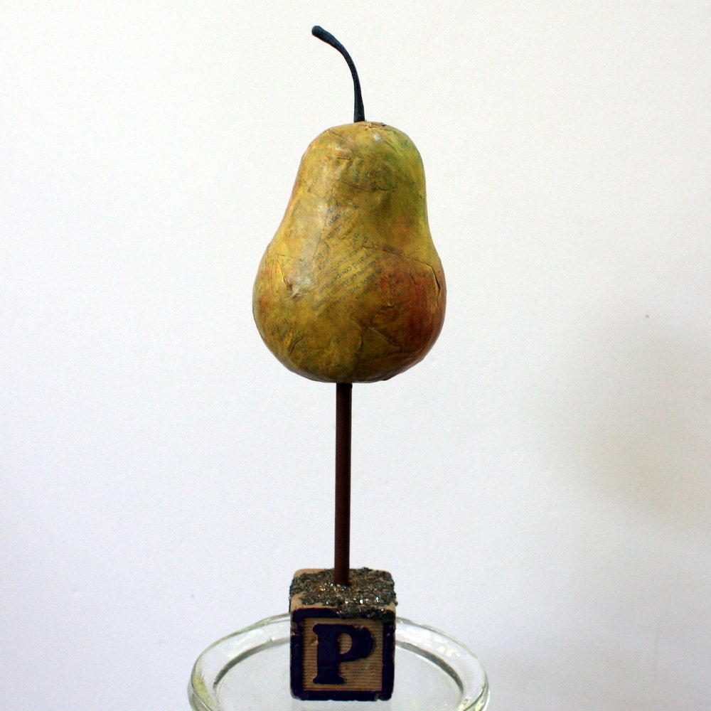 Folk Art Paper Mache Pear Fruit Sculpture by JuneBugsByLinda