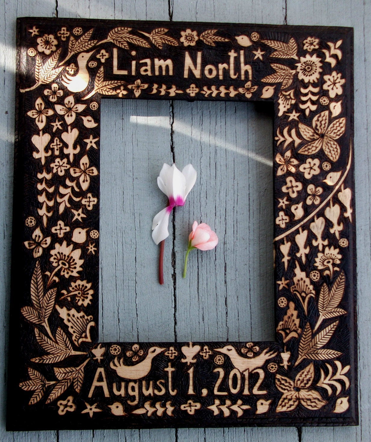 Custom Baby Birthday Frame-Child name frame-personalized frame with name and date surrounded by flower bird design-