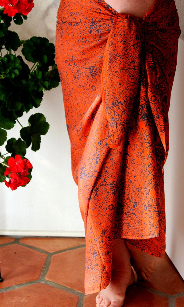 Orange Sarong - Womens Clothing Beach Wrap Skirt - Pareo - Beach Sarong - Batik Sarong - Orange and Blue Pareo - Swimsuit Coverup - Spa Wrap