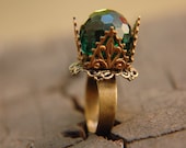 Emerald Green Vintage Swarovski Crystal Dome Brass Ring - The Emerald Crown.