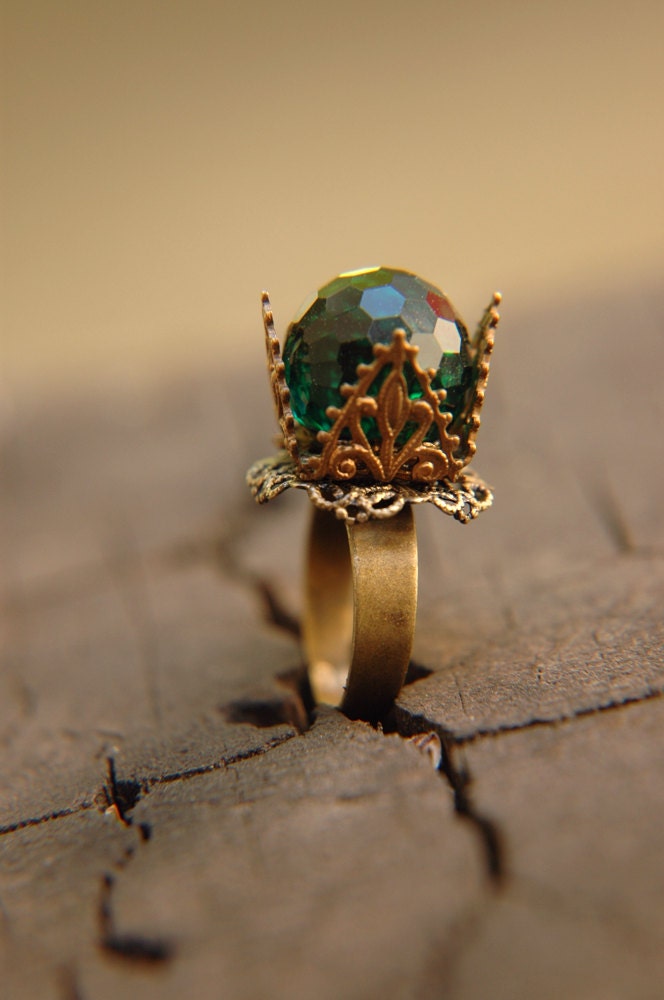 Emerald Green Vintage Swarovski Crystal Dome Brass Ring - The Emerald Crown.