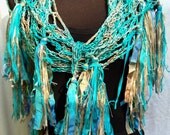 Turquoise, Aqua, Beige & Tan Silk and Seacell Handmade Crochet Scarf