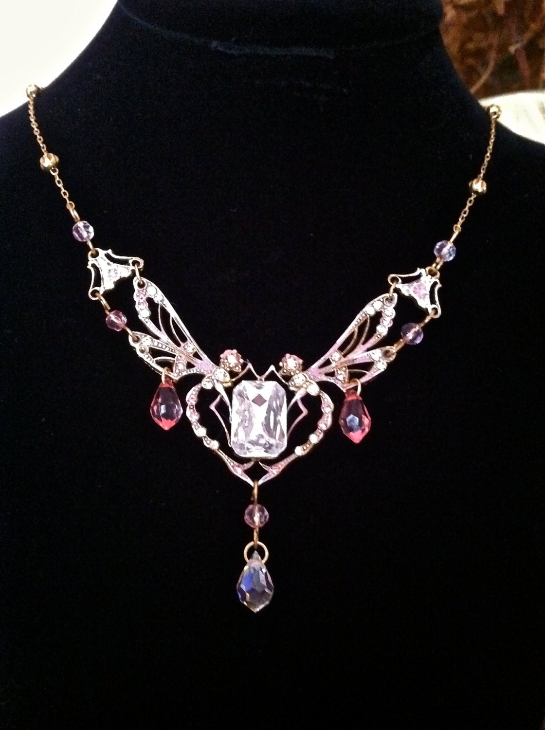 FairyTale DragonFlies Pink and Dazzling Elegant Victorian Vintage Necklace