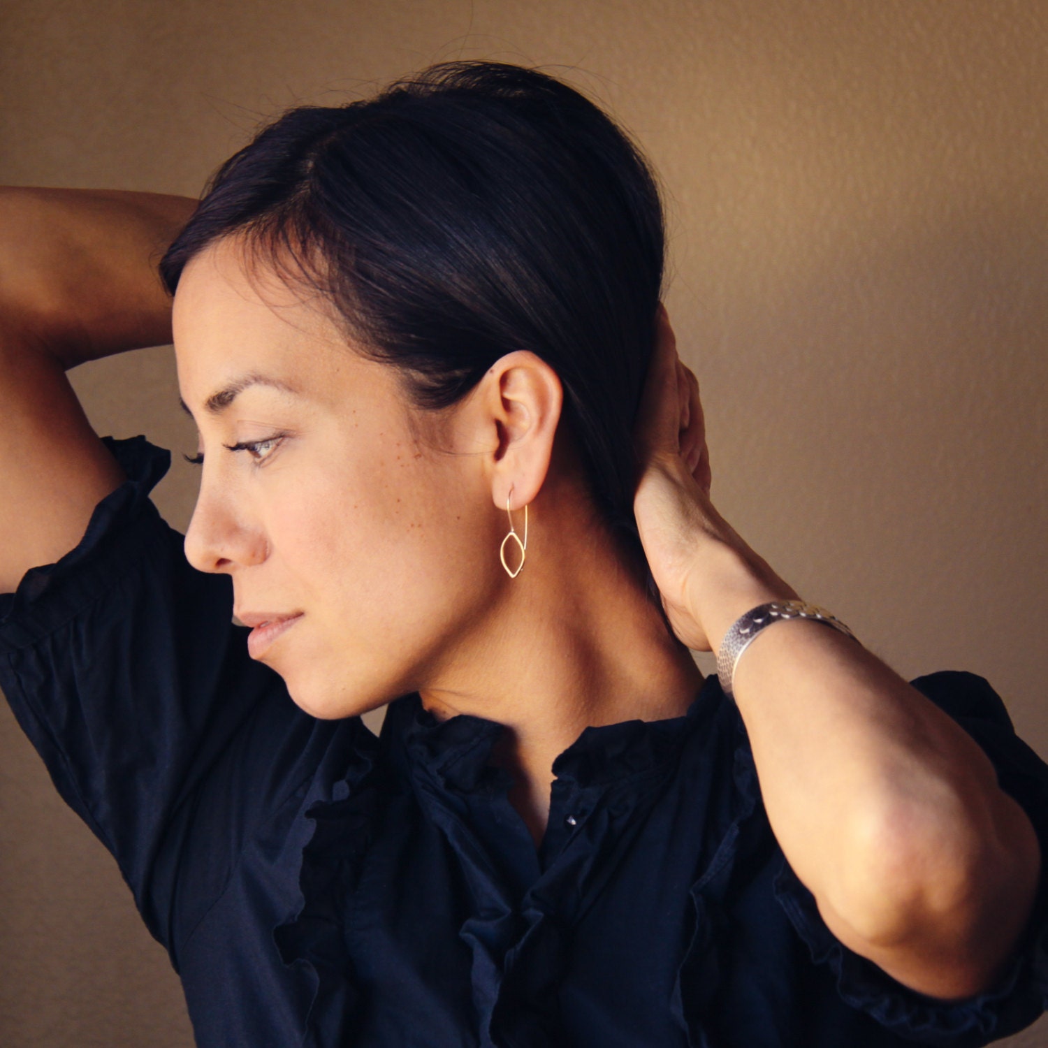 Matte gold earrings handmade with solid 14K yellow gold in an elegant and modern design comfortable for everyday wear - "Gold Leaf Earrings"