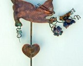Cat Plant Stake Garden Planter Pot Spike Metal Copper Lawn Ornament Outdoor  Feline Pet Memorial Animal Feline