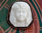 1930s Egyptian revival Brooch, head of a Queen milkglass and copper