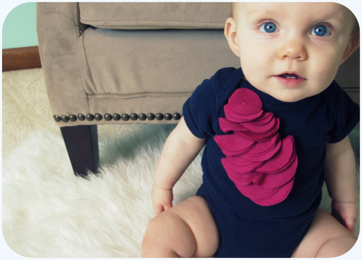 Stylish Baby Girl One Piece, Magenta Petals On Navy Blue, 6 Month, 12 Month, Nautical Style