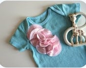 Little Girl One Piece, Light Pink Flower Cluster On Teal, Hand Dyed,  3 Month, Pastel, Spring, Birthday