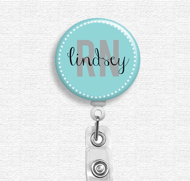Badge Holder - Personalized Name - Baby Blue Dots (Belt Slide Clip or Swivel Spring Clip) Retractable Badge Holder, Nurse Badge Reel