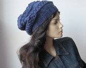 Knit Denim Hat Lace Striped Slouchy Hat Vegan Hat Knit Blue Hat Knitted Hat