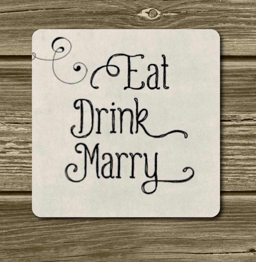 SALE. Set of 48 Eat Drink Marry Stickers - In Stock Black & Linen 2.25" square stickers. Wedding Sticker. Shower Sticker. Wedding Favor.
