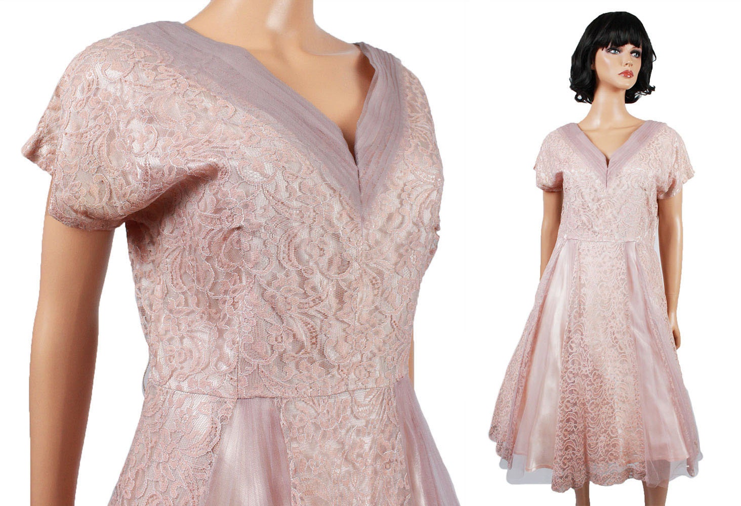 40s Cocktail Dress L Vintage Mauve Pink Purple Lace Tulle Prom Gown Wedding Bridesmaid Formal Free US Shipping