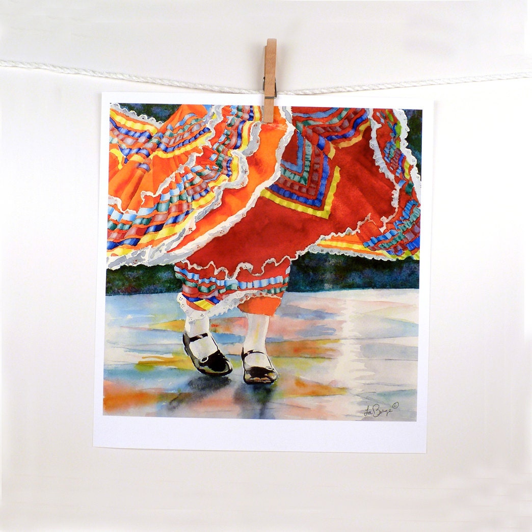 Dancers Fine Art - Mexican Painting Watercolor Print - Men Women Kids - Feet Shoes Ruffles Ribbons Bright Colors Red - Apartment, Library