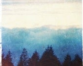 Dreamy Landscape Photo - Ethereal Sky and Clouds - Mountains and Trees - Moody Fog Mist - Blue and White