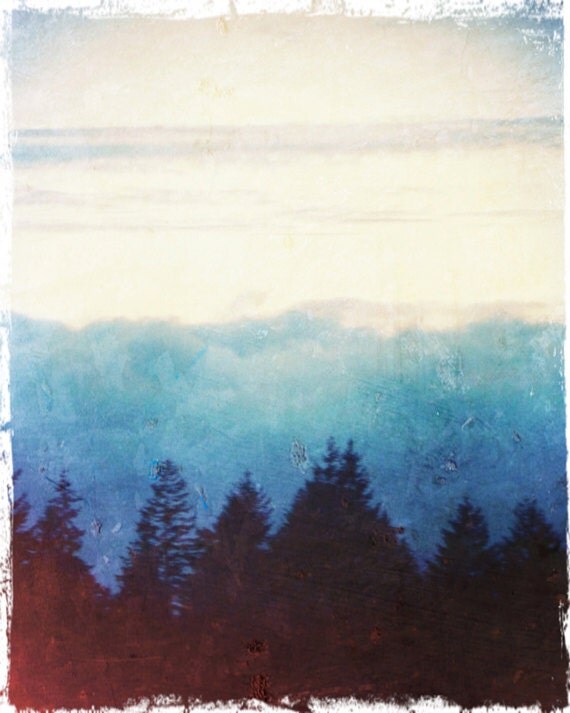 Dreamy Landscape Photo - Ethereal Sky and Clouds - Mountains and Trees - Moody Fog Mist - Blue and White