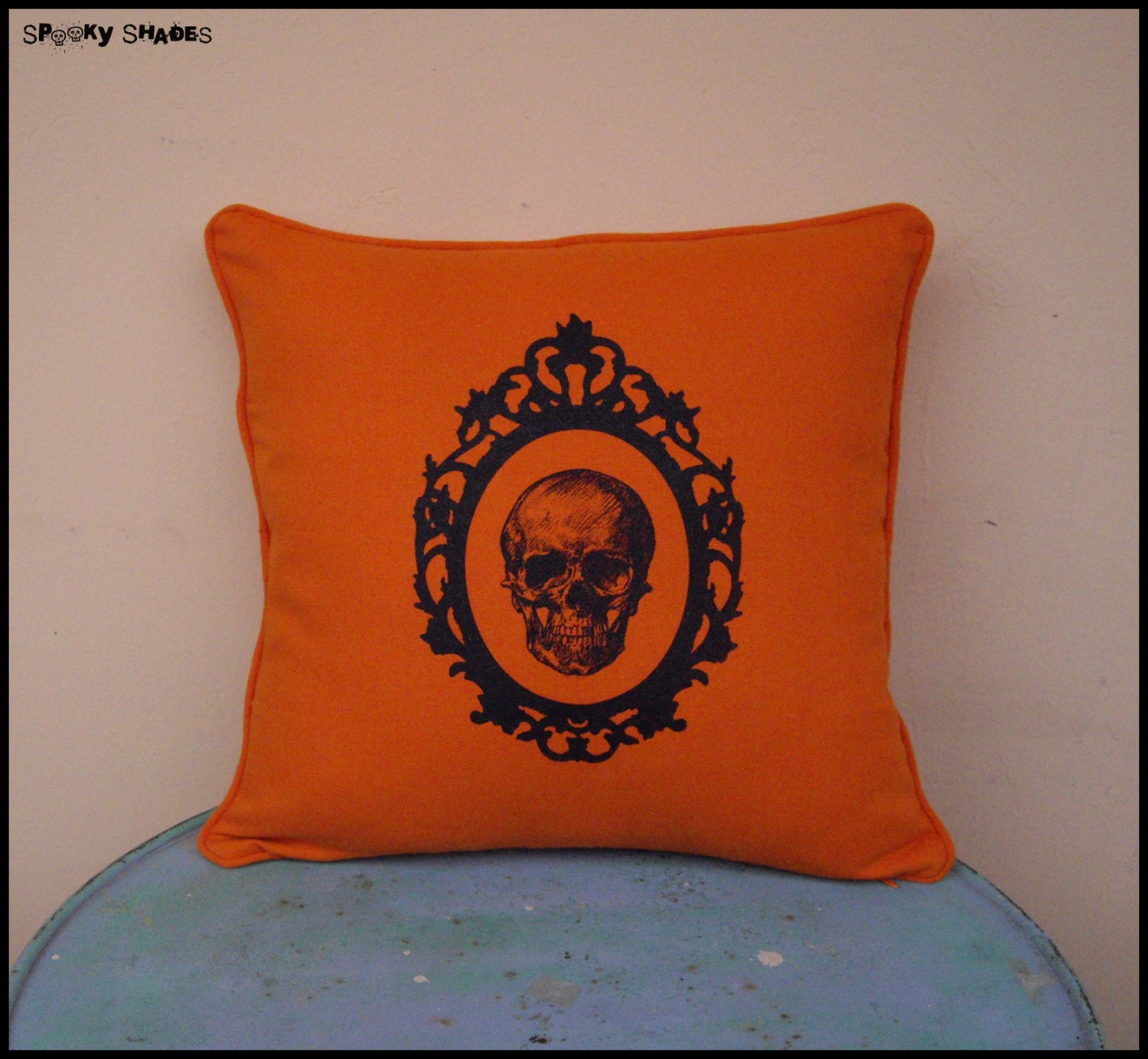Baroque Skull Orange 16" x 16" throw pillow cover - halloween decor, orange pillow cover,cushion case, anatomy pillow,decorative pillow