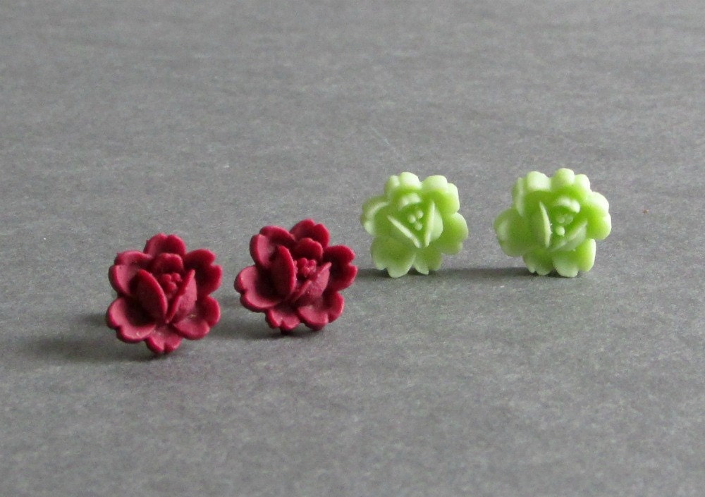 Maroon Flower Earrings / Lime Green Flower Earrings / Small Stud Earrings / Sterling Silver Filled Posts - Classic No. 40 Wild Rose