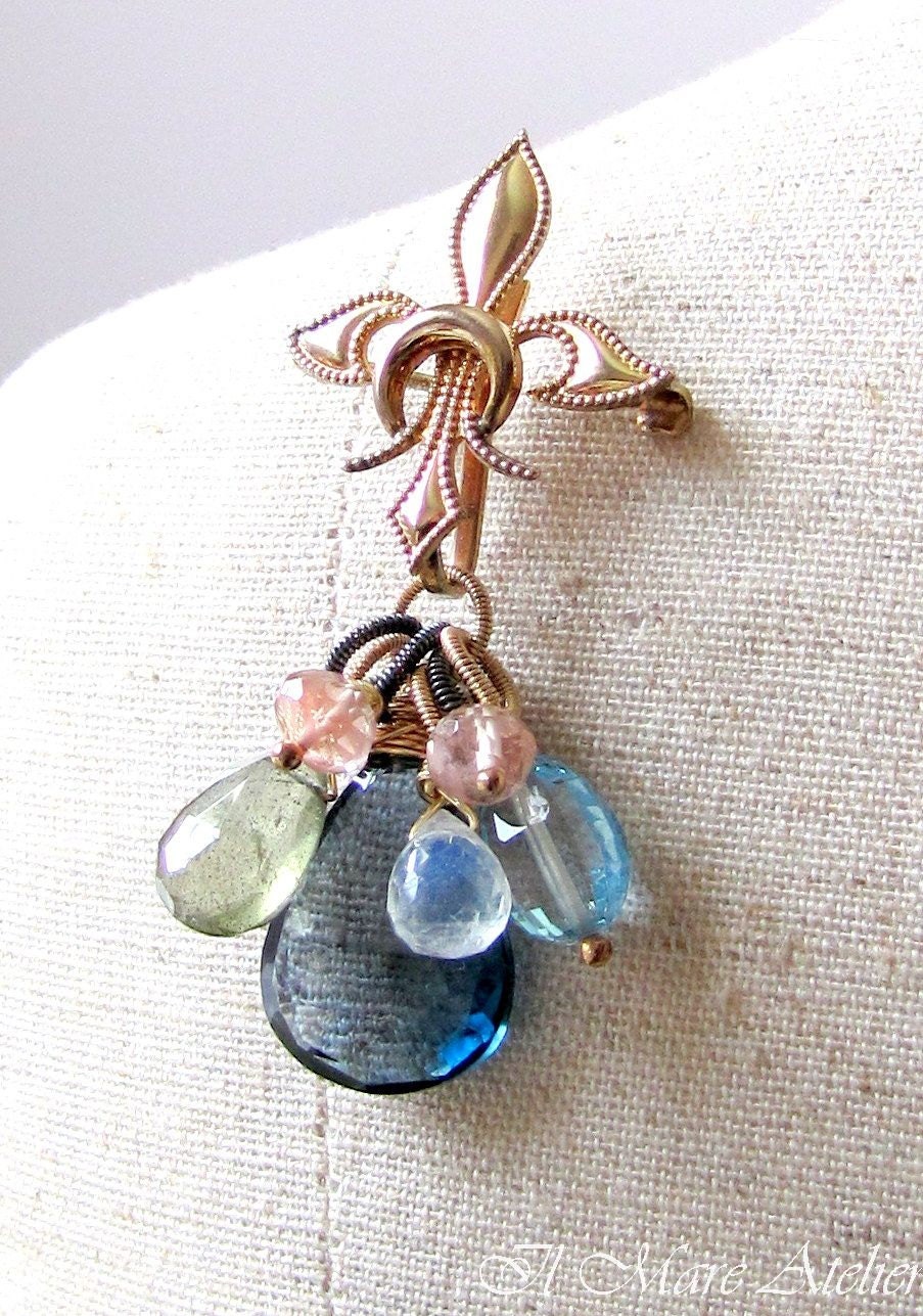 Fleur de Lis Pin, Blue Topaz Aquamarine Moonstone Oregon Sunstone - Samantha