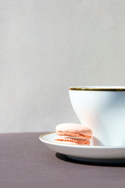 Food Photography Print, Tea Cup, French Macaron Cookie, White China Teacup, Peach, Pink, Beige, 8x12