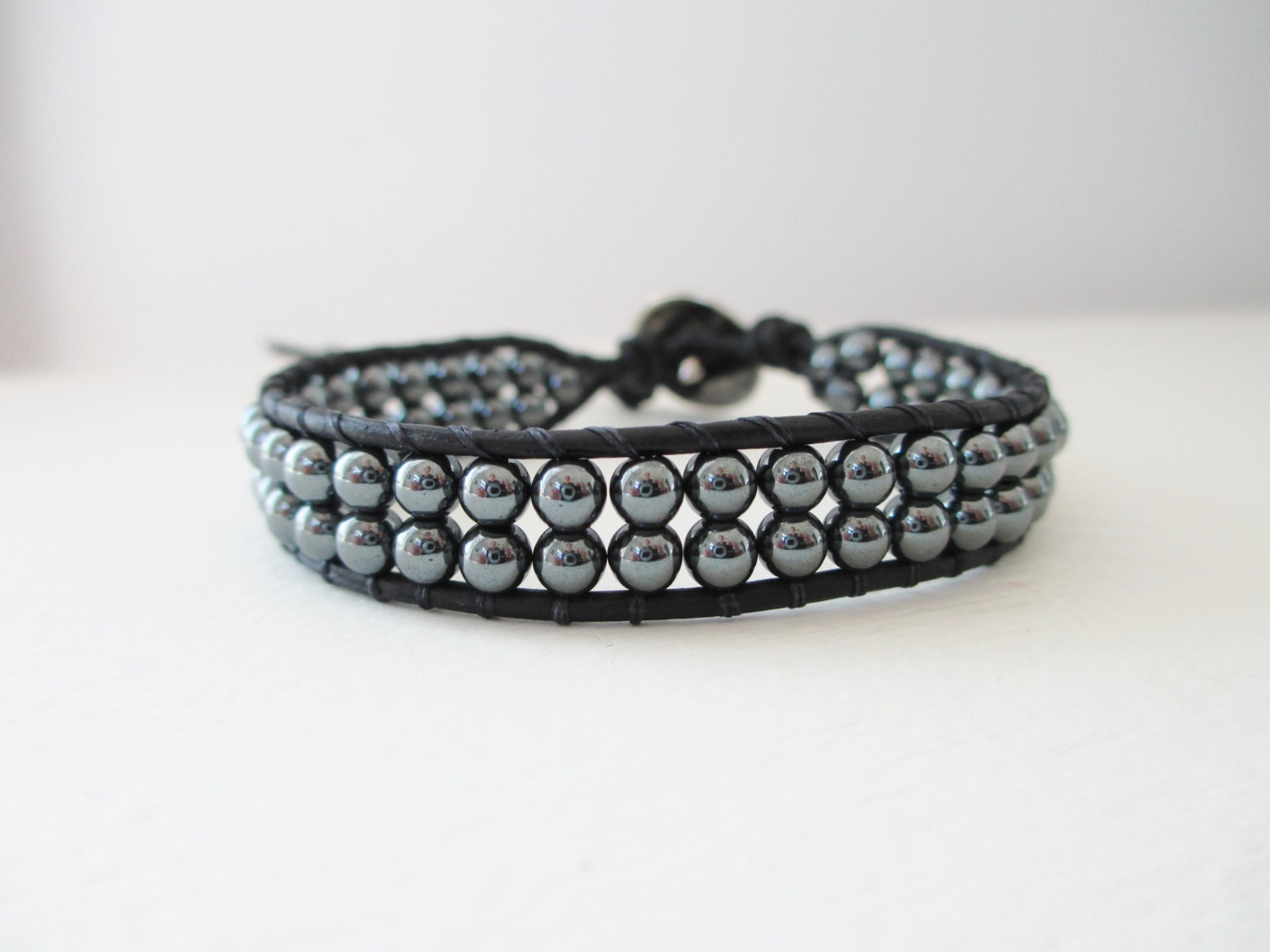 Rocker Chick Beaded Wrap Bracelet - Hematite and Black Leather Cuff