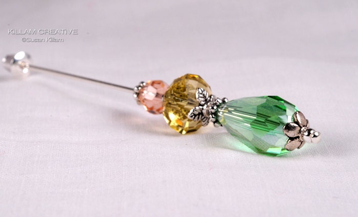 Spring Green, Yellow, Peach Stick Pin, 3 Inch Crystal Hat Pin, Scarf Pin, Hijab Pin KC0330