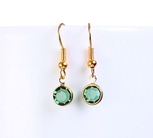 Bridesmaid gift - Petite green Austrian crystal round gold dangle earrings (697) - Flat rate shipping
