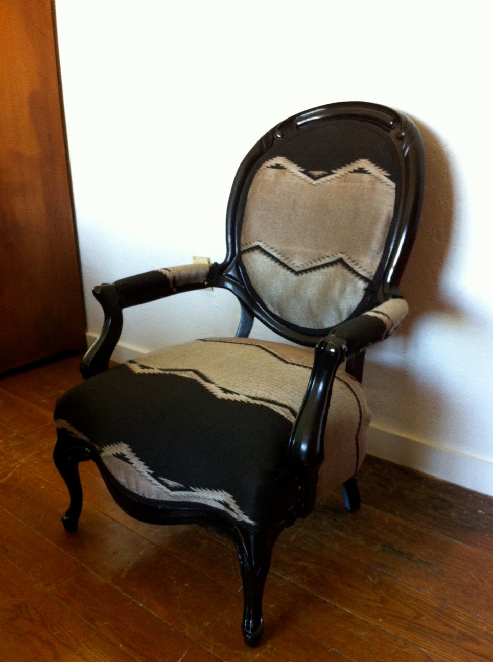 Vintage 1960s Black Queen Arm Chair Reupholstered in Southwest Textiles
