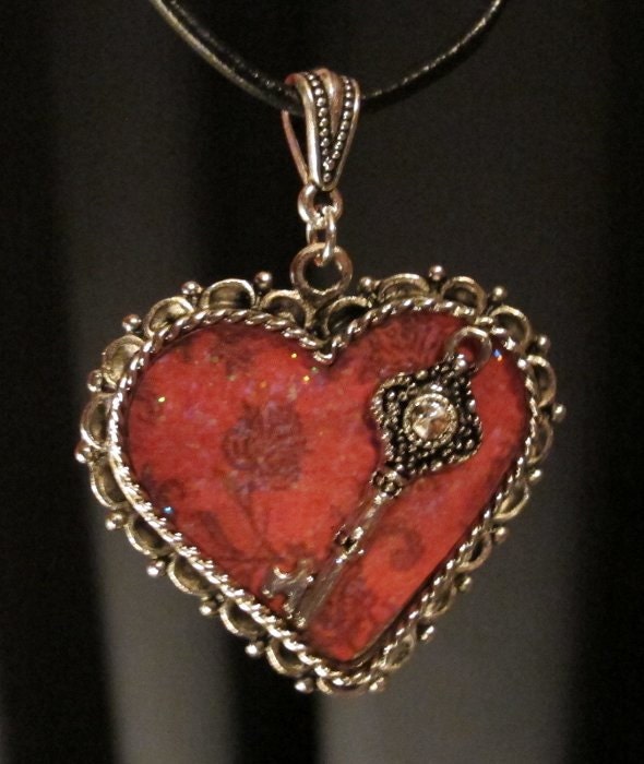 Key To My Heart Crystal Silver Heart Bezel Resin Pendant