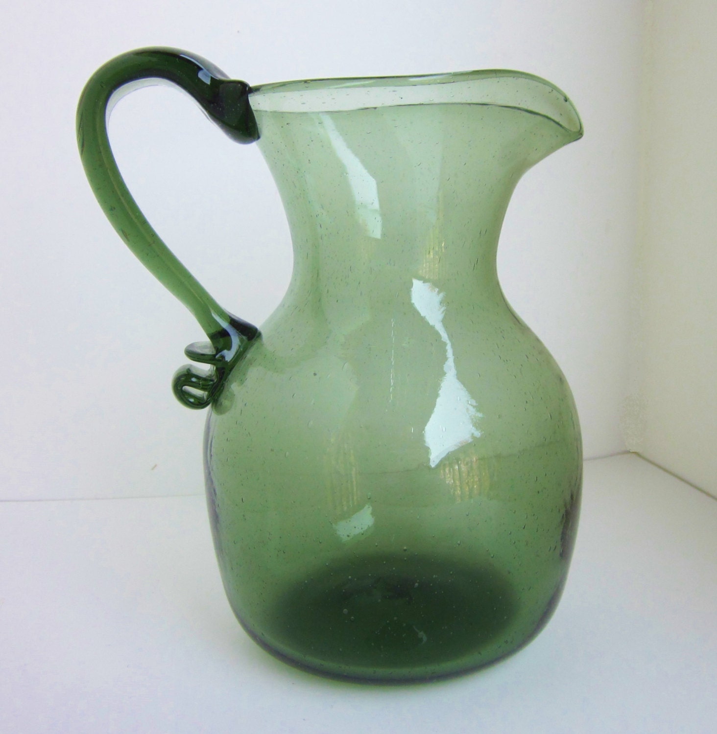 Vintage Handblown Olive Green Glass Pitcher