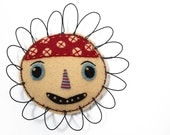 Folk Art Flower Face Sculpture, Poppy, wire and felt
