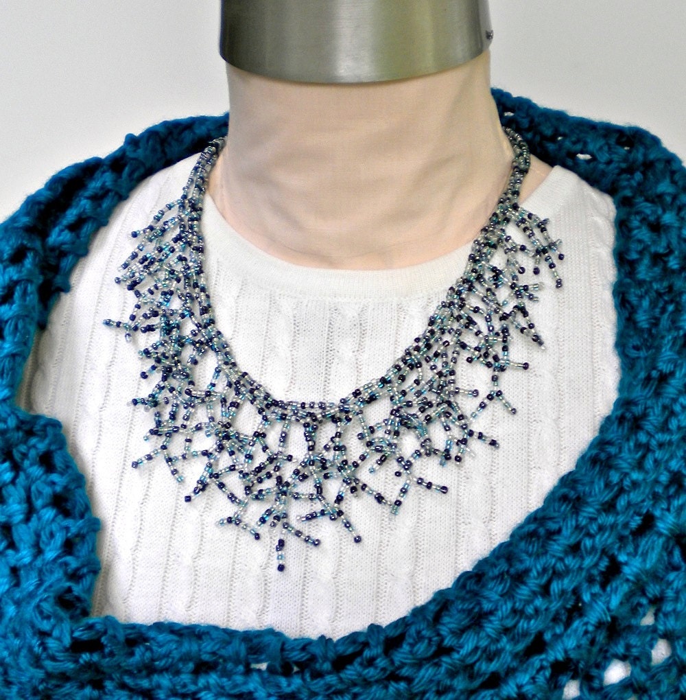 Necklace Blue & Black Branching Seed Beads Multi Strand "Northern Lights"