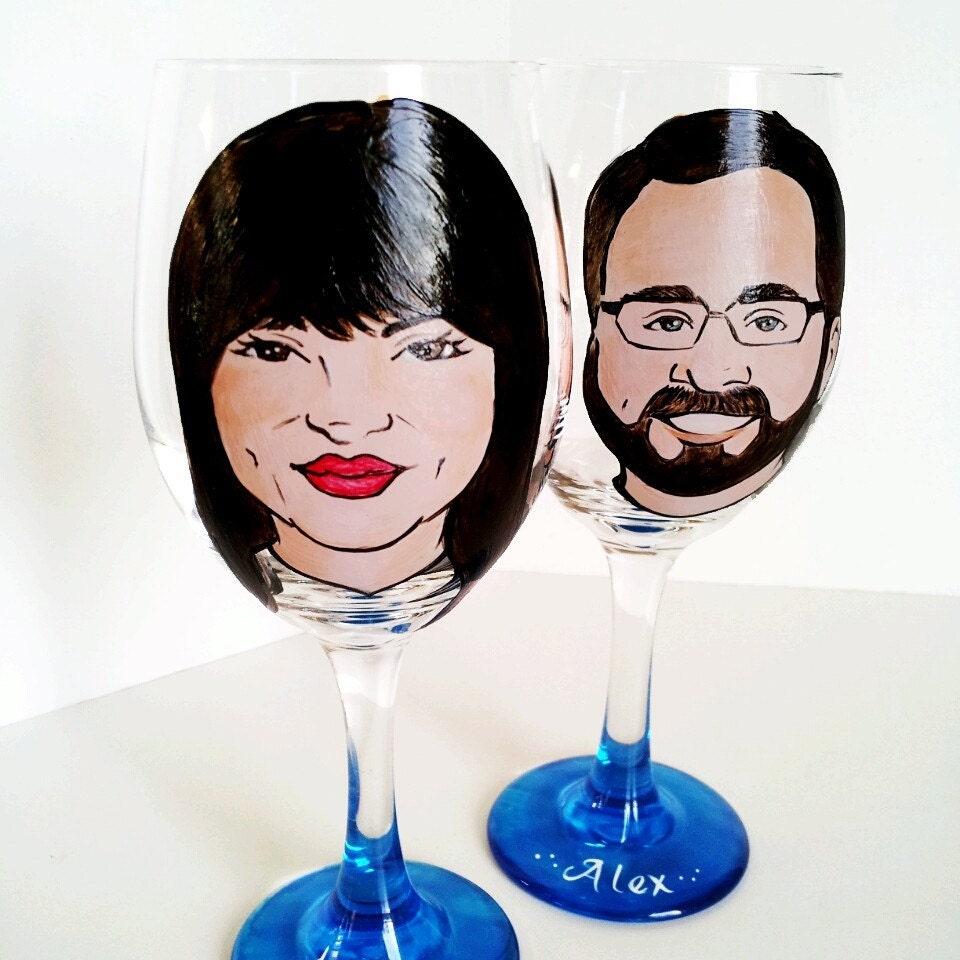 Wedding Toasting Glasses - Fun Original Caricature Wine Glasses (tm) - Hand Painted Wine Glass