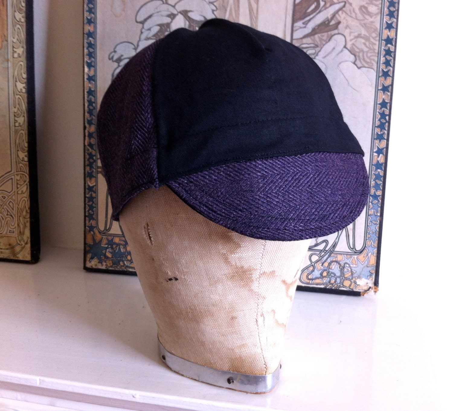 New Spring purple herringbone and black cotton cycling cap. Unisex 58cm
