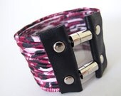 Wide Fabric Cuff - Multi Strand Berry Animal Print Recycled Bracelet - size L