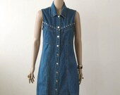 Studded Denim Dress Chambray Dress Jean Dress Summer Dress Sleeveless Button Up Western Yoke Pockets 90s 1990s Mini Dress Size XS Small