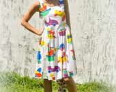 Vintage 1980s Sundress Planes Trains Automobiles Print Jumper Pinafore Sleeveless Dress Summer Size Small