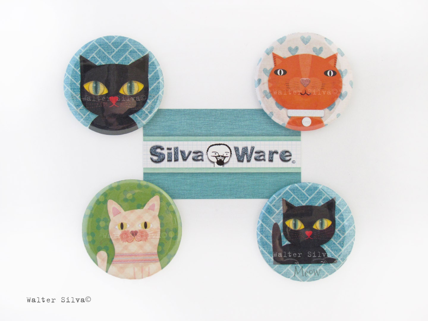 Set of 4 Kitty Cat Round Magnets - Black Cat Refrigerator Magnets or Cats Pin Back Button - Tabby Cat Lovers Pocket Mirrors