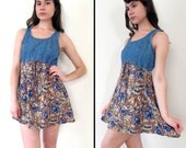 Vintage DENIM & FLORAL Grunge Mini-Dress S