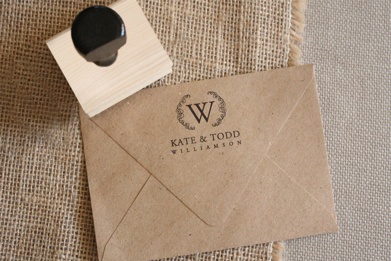 Custom Monogram Stamp - YOUR CUSTOM WORDING - Wreathe