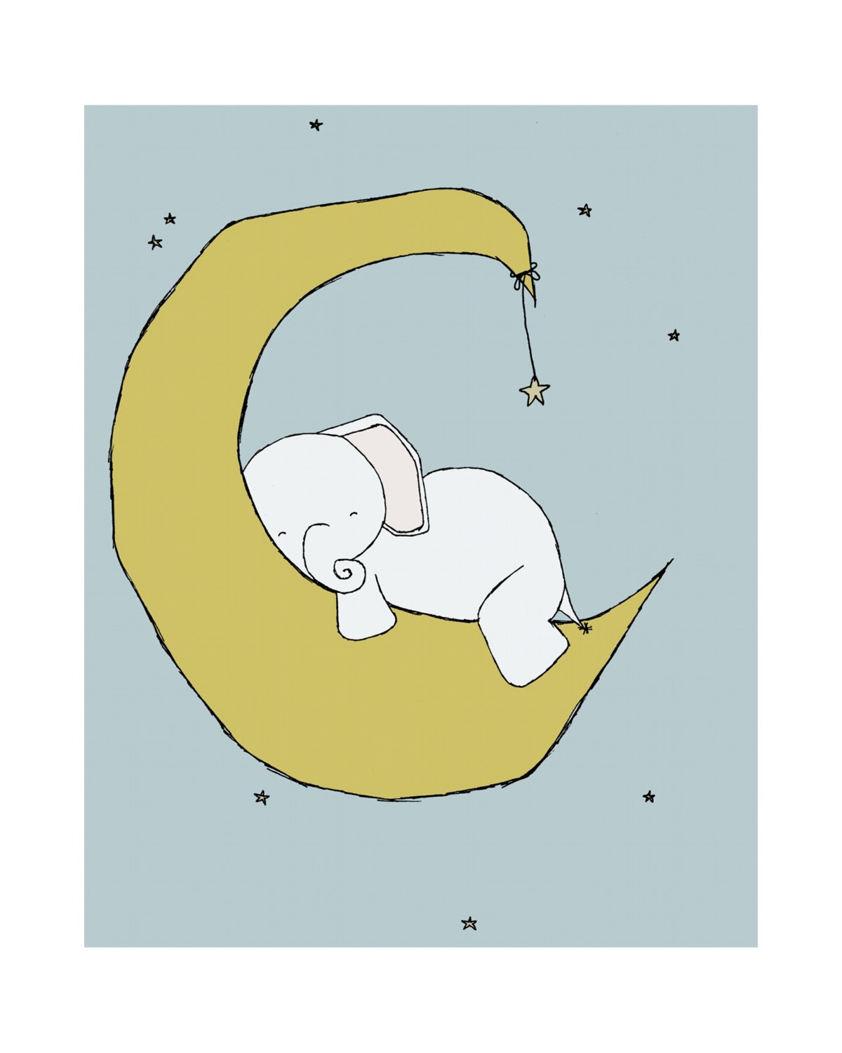 Elephant Nursery Art Print, Nursery Decor, Elephant Art Print, Baby Elephant Moon and Stars Dream, 8x10 Children Art Print, Kids Wall Art