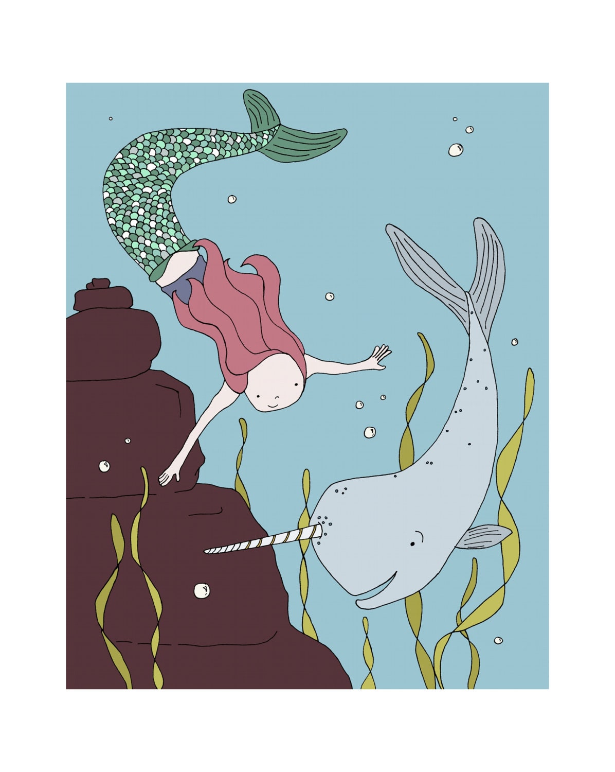 Mermaid Art Print, Little Mermaid Picture, Children's Art, Mermaid and Narwhal, 8x10 Giclee Children's Art Print, Kids Wall Art
