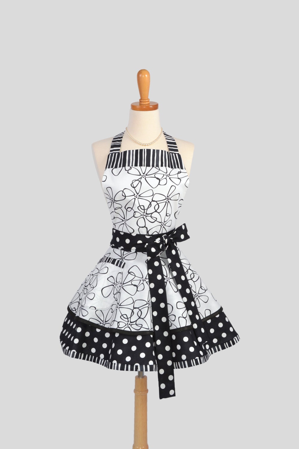 Ruffled Retro Apron .  Sexy Womens Apron in Black and White Dots and Stripes Handmade Full Kitchen Apron