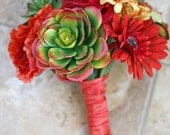 Succulents Wedding Bouquet - Red, Orange, Yellow Green Artificial Small Bridal Bouquet