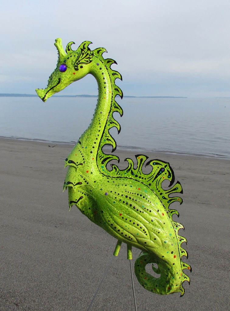 Seahorse Flamingo Garden Sculpture - handmade art outdoor yard art from up-cycled plastic flamingos