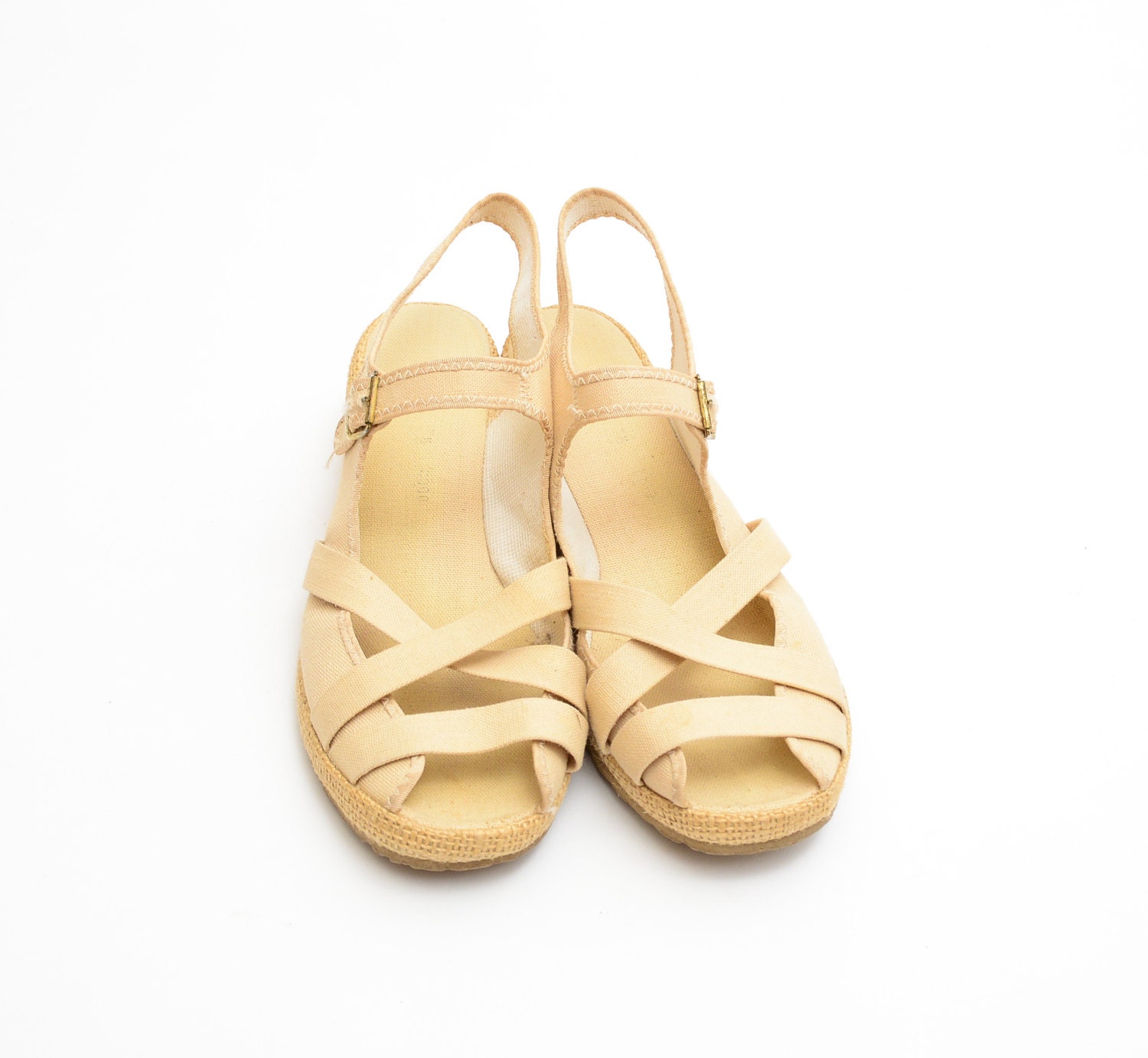70s Woven Canvas Sandals - 1970s Boho Hippie Strappy Burlap Wedges - Festival Shoes - US 7 EURO 37.5