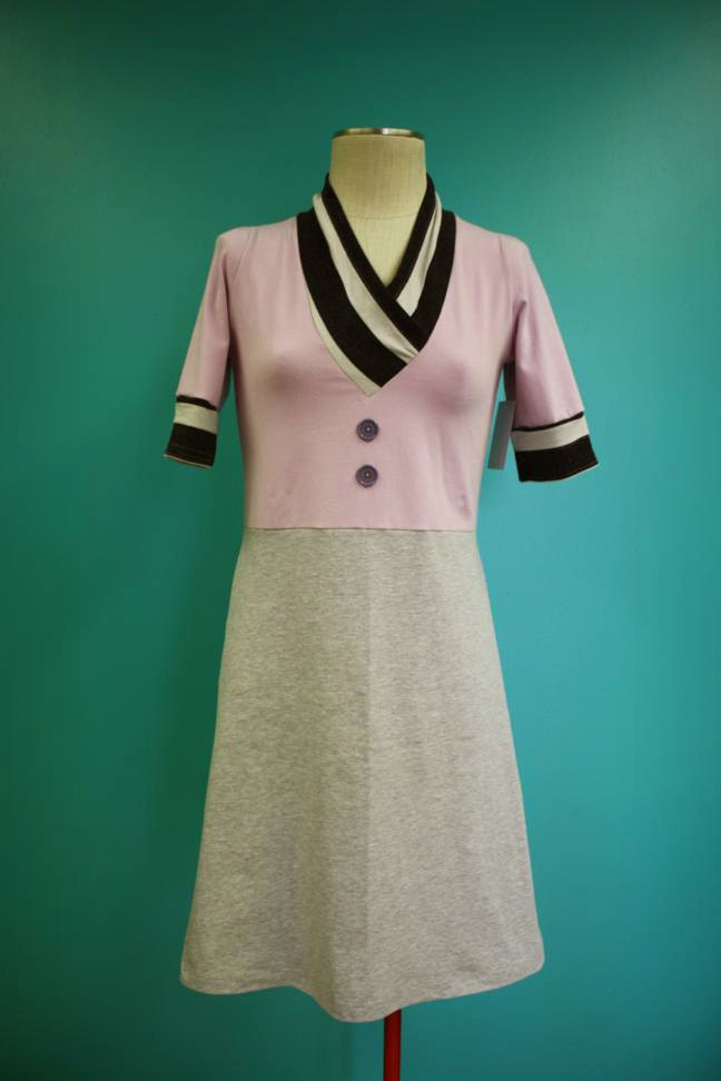 Lavender Gray White Striped V Neck Dress - Size Medium