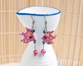 Origami earrings fish in magenta with pearl and hematite eco-friendly jewelry