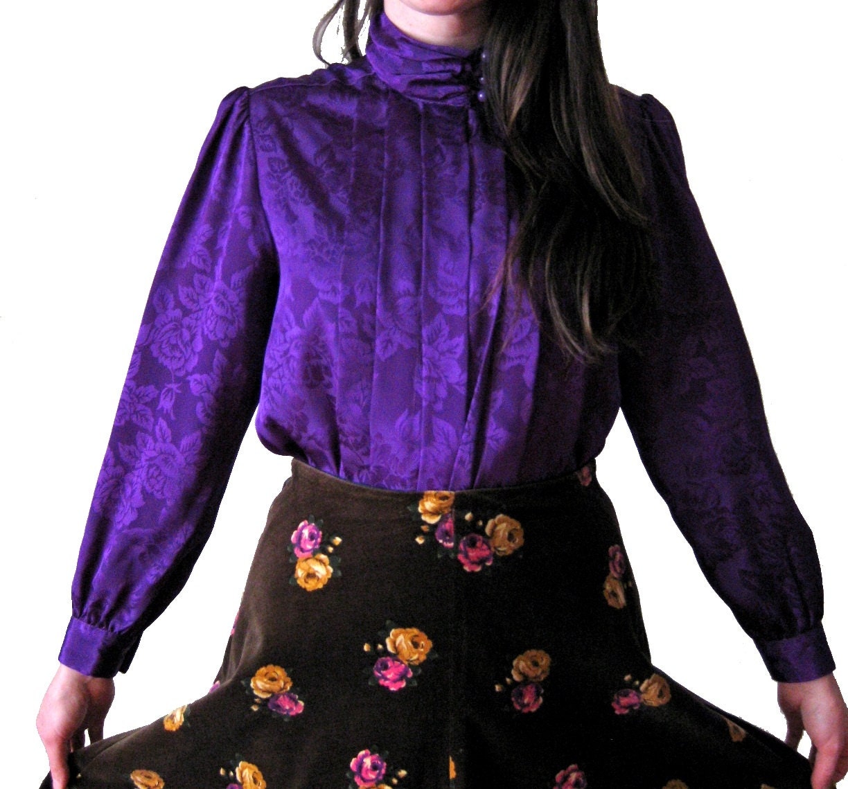 Purple Victorian Blouse, Floral Burnout Poet Button Down Shirt by Laura & Jayne, SMALL