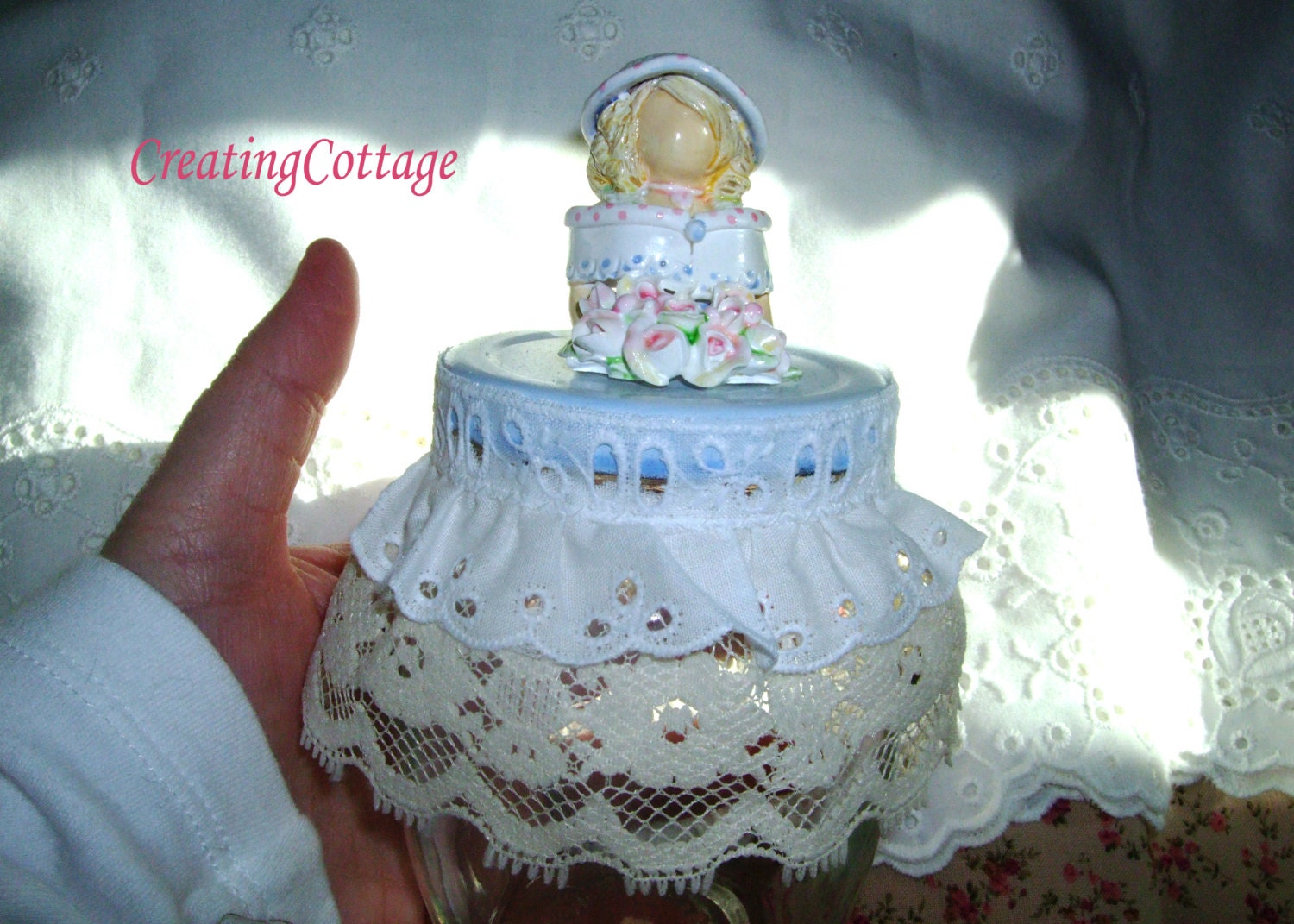 handmade Half doll  - jar  - bouquet of roses  - hand sculpted  - vintage victorian cottage style hp