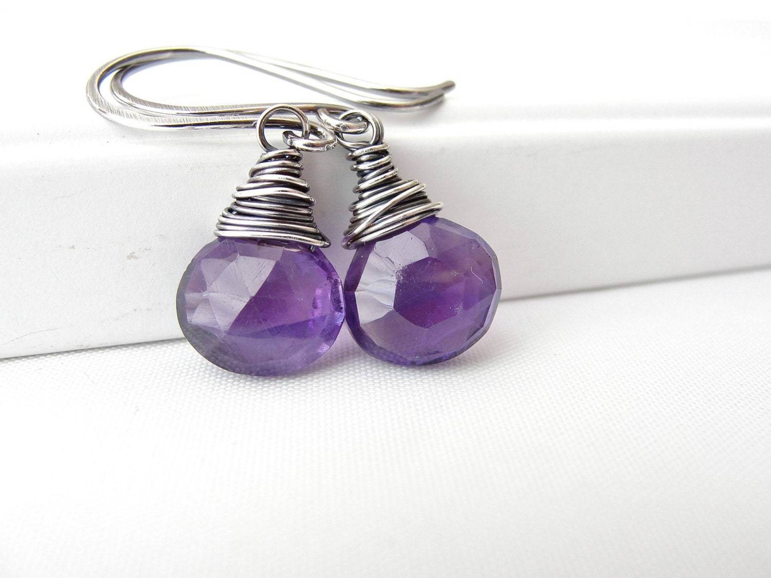 Amethyst Earrings in Oxidized Sterling Silver, Wire Wrapped Briolette Earrings, February Birthstone Jewelry